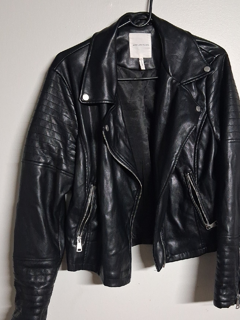 Avec Les Filles Black Quilted Faux Leather Moto Jacket